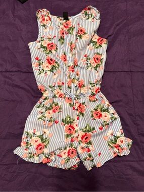 Girls Floral Stripe Romper - Blue & Pink